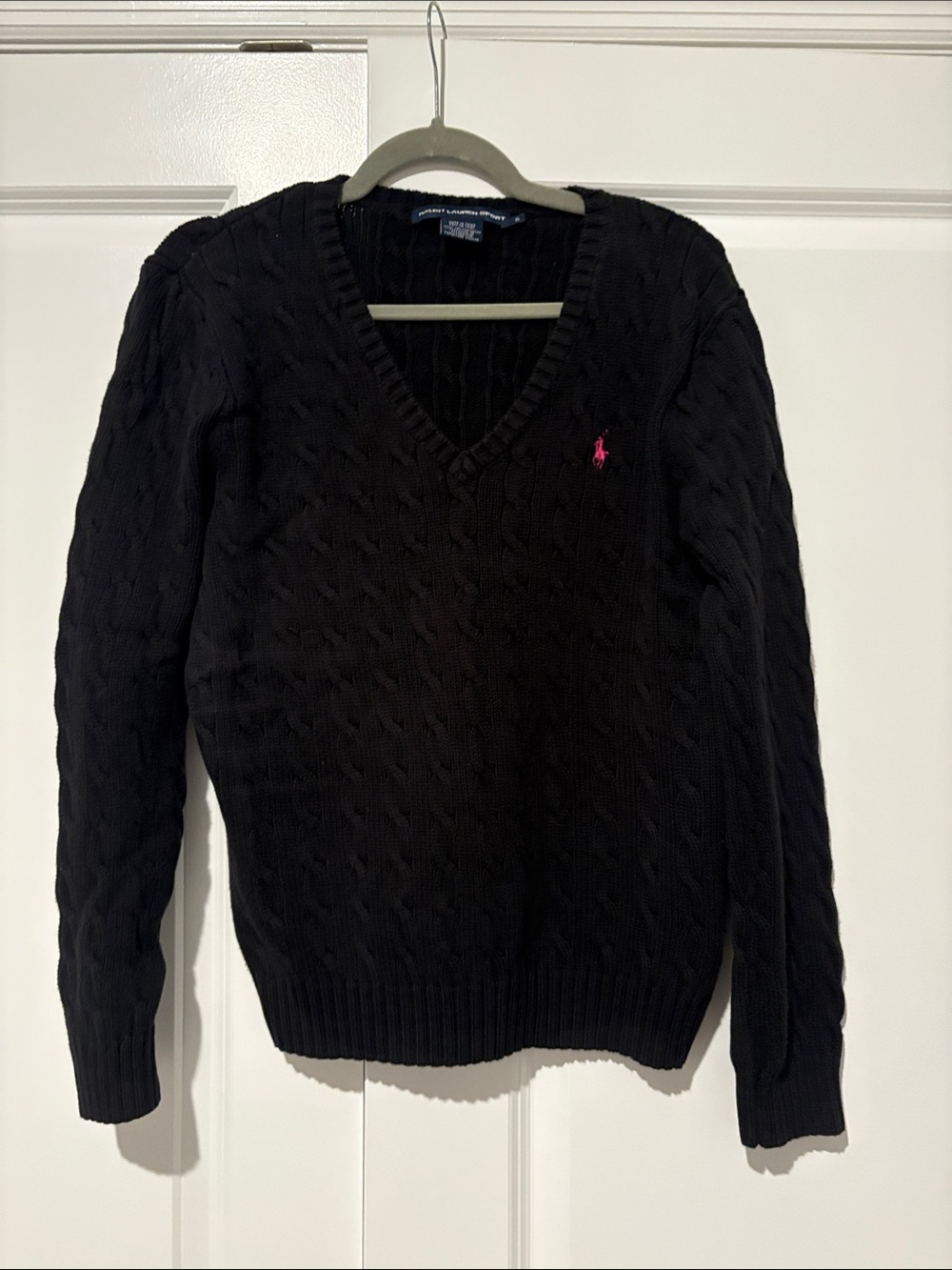 Polo by Ralph Lauren Black Cable-Knit V-Neck Sweater with Pink Pony